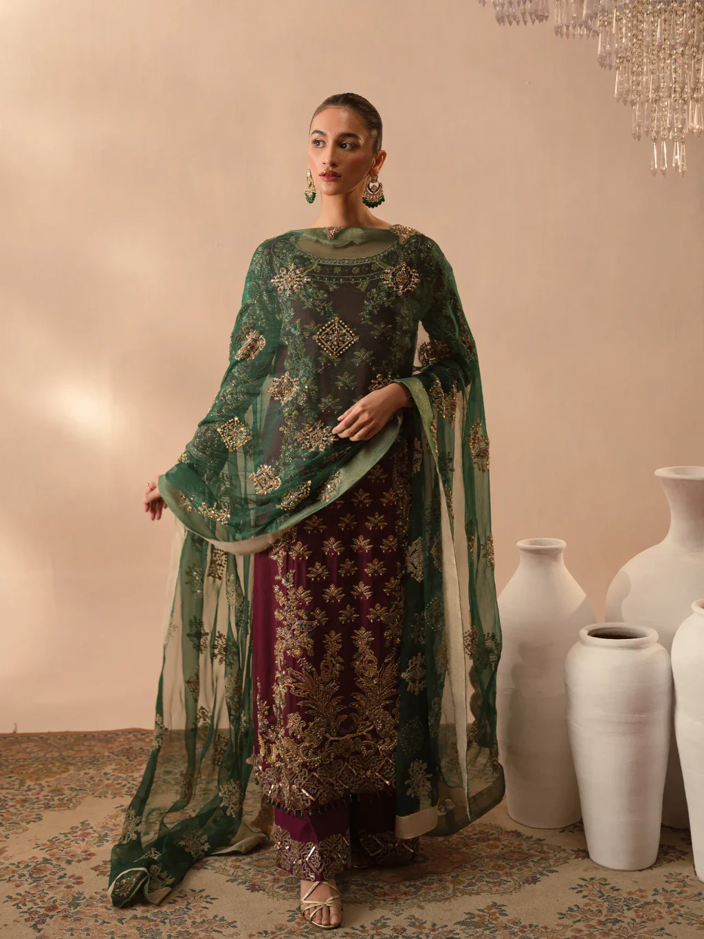 Abeera Usman – Burgundy Dusk plum and emerald formal